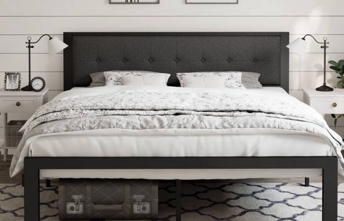 Amolife King Size Metal Platform Bed with Upholstered Button Tufted Headboard and 16 Strong Steel Slats, Dark Grey