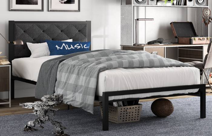 Amolife Twin Size Metal Bed Frame with Upholstered Headboard, Dark Gray